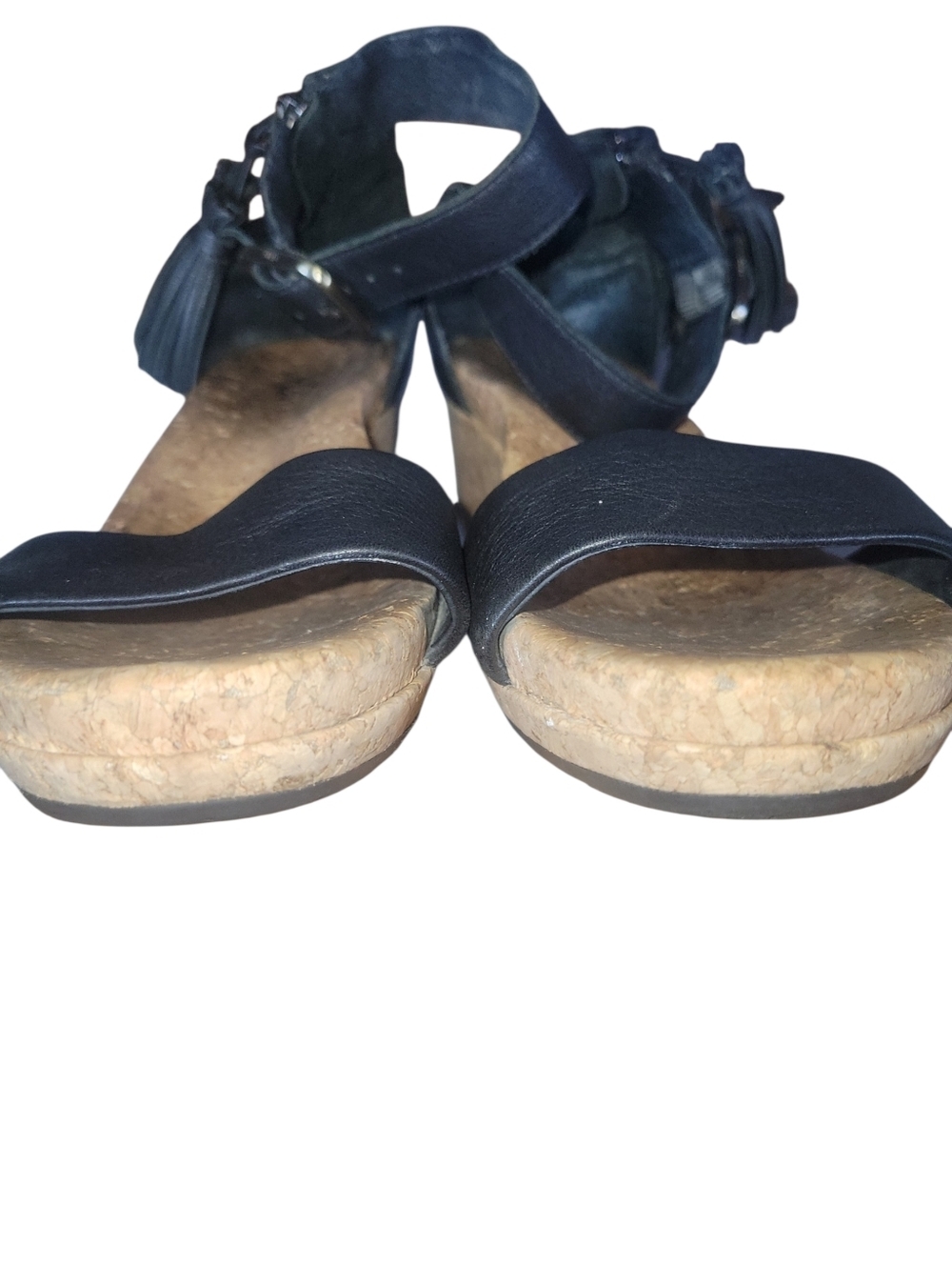 UGG Zoe Black Leather Cork Wedge Sandals with Tassel Ankle Strap Back Zipper Sz7 - Picture 6 of 7